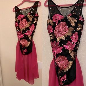 Glamour dance costume leotard black floral sequin detachable maxi skirt adult MA
